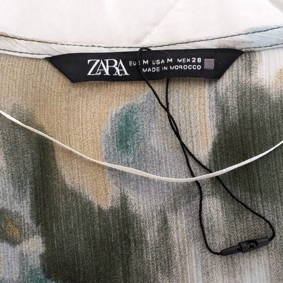 ZARA Blouse Women's M Multicolor Watercolor Sheer Lightweight Zipper Deep V Neck - Picture 14 of 14